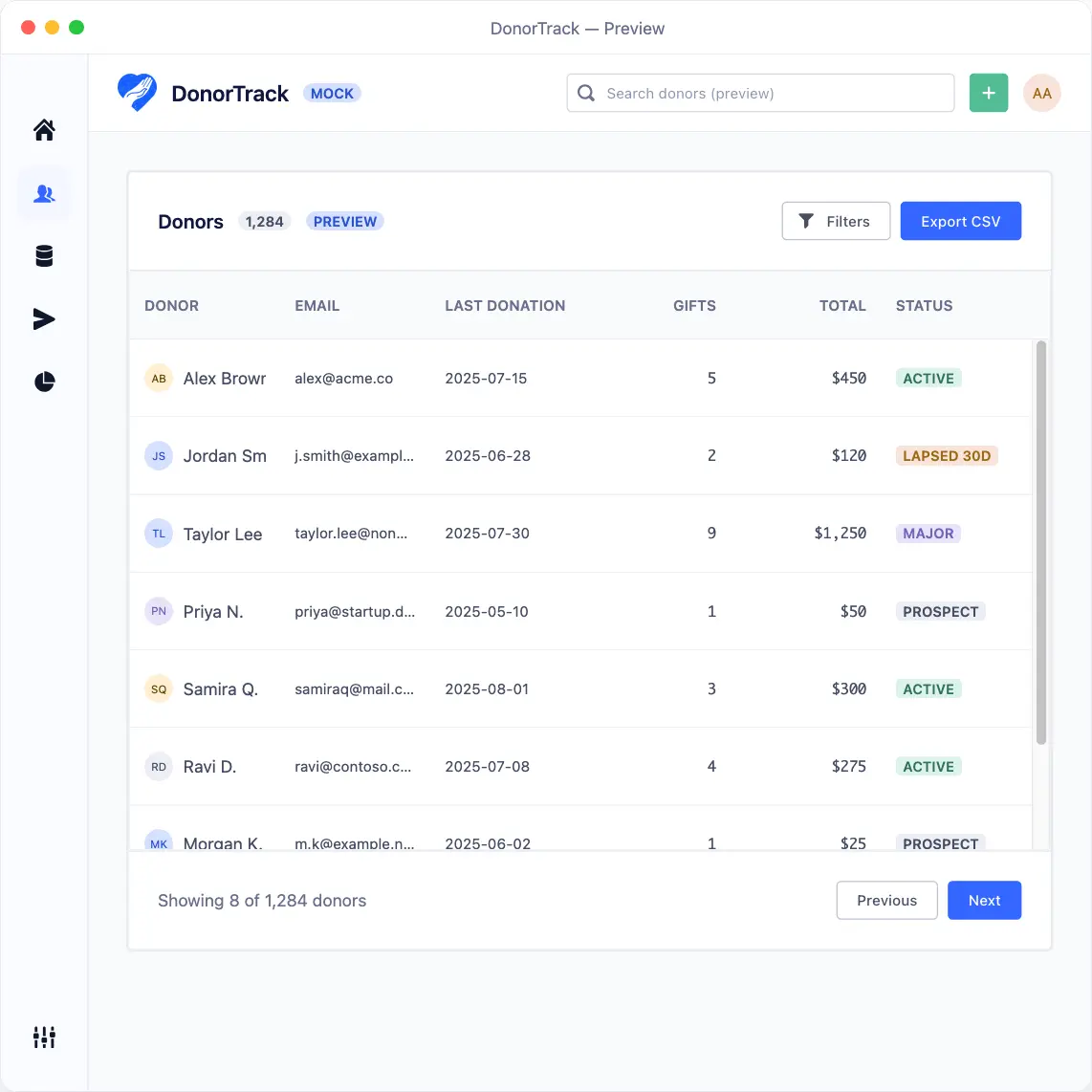 DonorTrack UI mockup